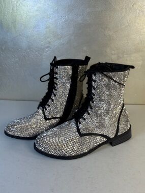 Forever Unique Silver Crystal Lace-Up Combat Boots